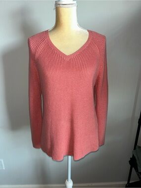 NEW Eileen Fisher Organic Cotton Blend Women's Coral V-Neck Knit Sweater Sz XS